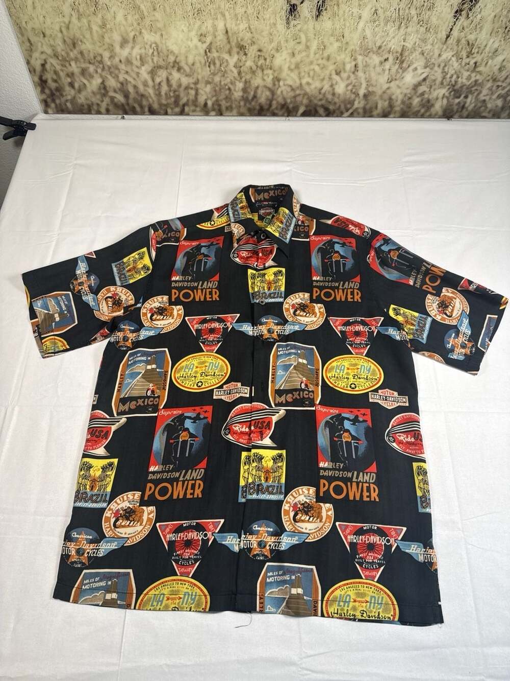 Harley-Davidson x Tori Richard "Land Power" Travel Patches Hawaiian Shirt Size M